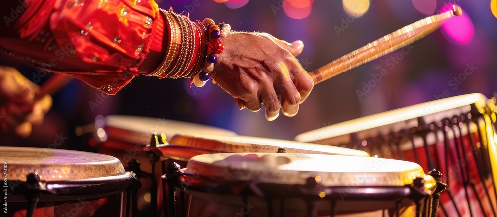 Poster Percussionist. Performance at concert. Copy space image. Place for adding text or design