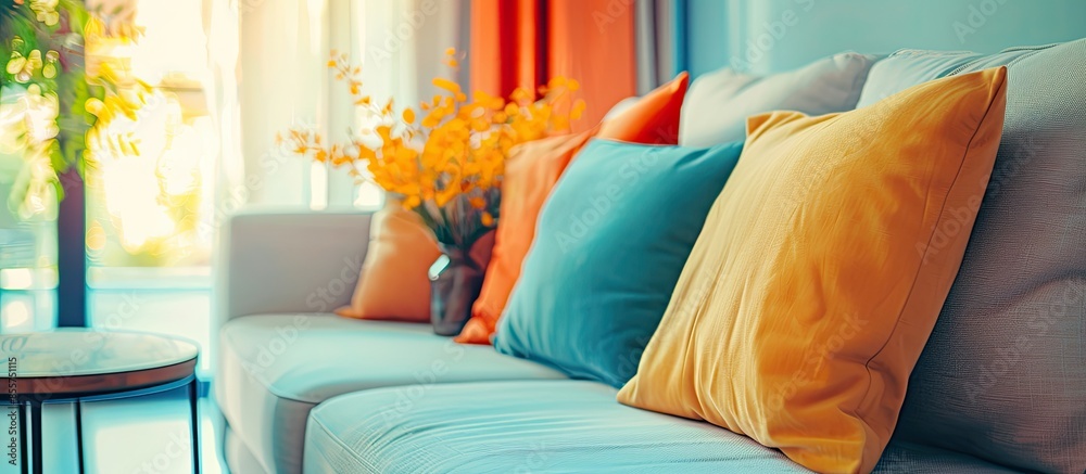 Poster pillow and sofa decoration in luxury livingroom interior - filter effect. with copy space image. pla