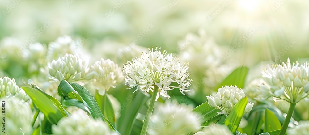 Poster field of wild garlic bear garlic pastel background flower. with copy space image. place for adding t
