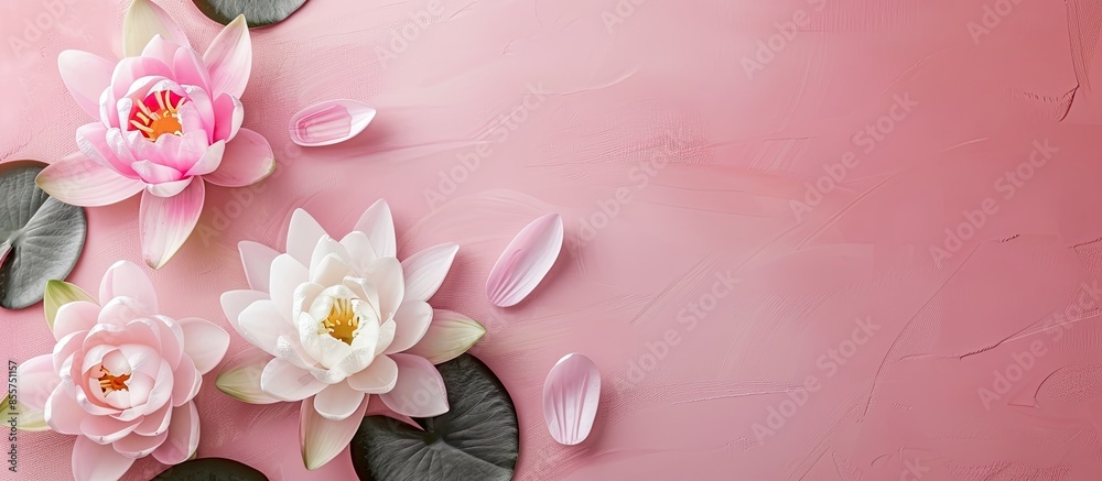 Poster white and pink water lilies pastel background flower. with copy space image. place for adding text o