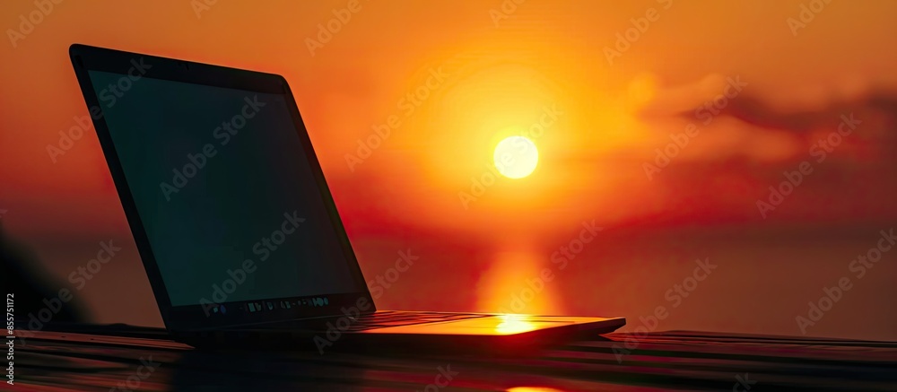 Leinwandbilder AFFILIATE PROGRAM Computing Computer Laptop with screen on table Silhouette and filter sun. with copy space image. Place for adding text or design