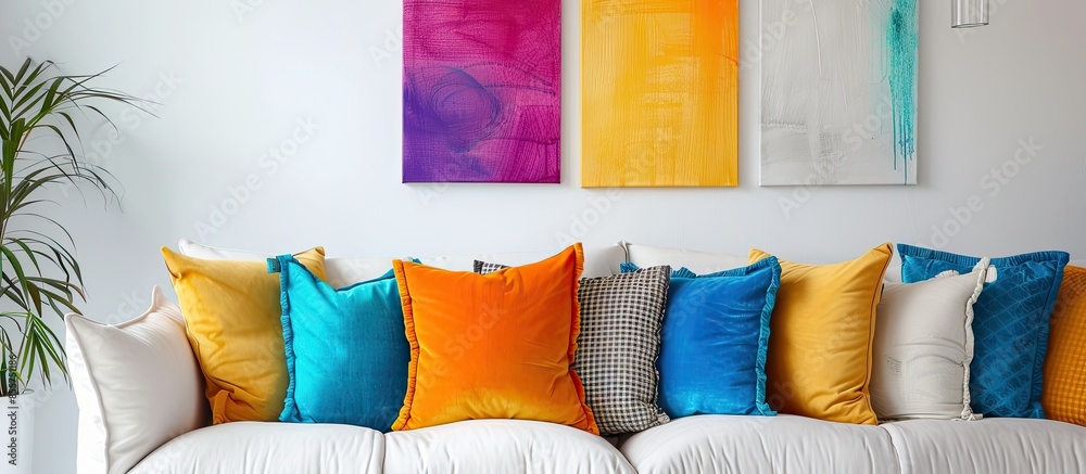 Poster neutral living room with colorful pillows on sofa and paintings on wall . with copy space image. Place for adding text or design