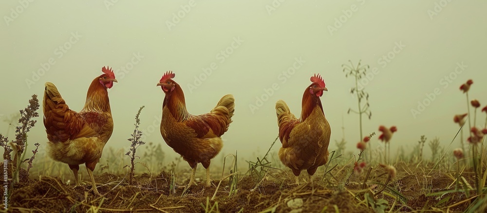 Poster red hens in a paddock, farm. with copy space image. Place for adding text or design