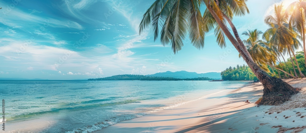 Aufkleber tropical paradise beach with white sand and coco palms travel tourism wide panorama background conce