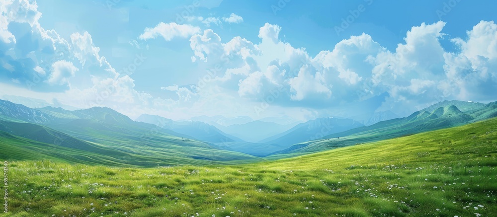 Poster summer mountains green grass and blue sky landscape. with copy space image. place for adding text or