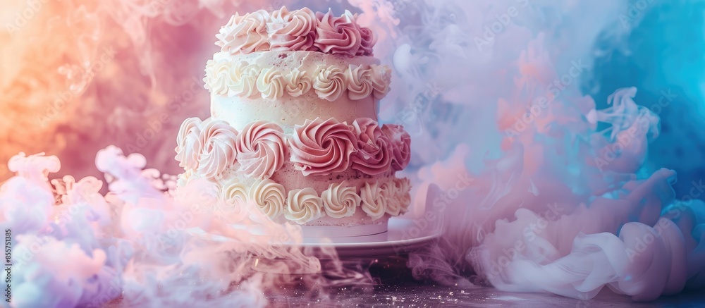 Aufkleber delicious wedding cake at the party. smoke and fire effects pastel background. with copy space image