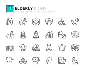 Line icons about elderly. Pixel perfect 64x64 and editable stroke