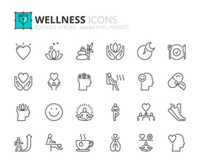 Line icons about wellness. Pixel perfect 64x64 and editable stroke
