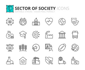 Line icons about sector of society. Pixel perfect 64x64 and editable stroke