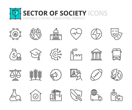Line icons about sector of society. Pixel perfect 64x64 and editable stroke