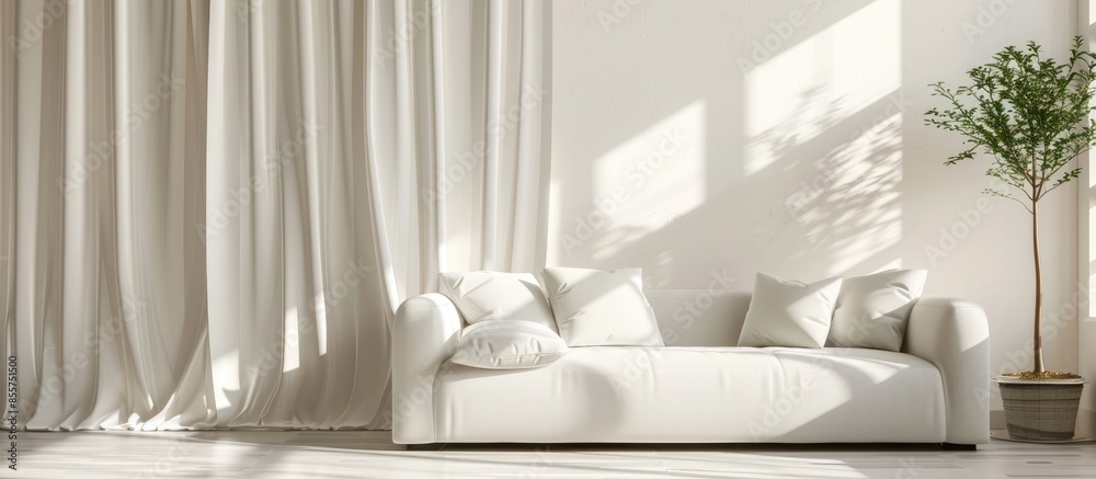 Poster contemporary interior of living room with part of sofa in sunny day and white curtain interior backg