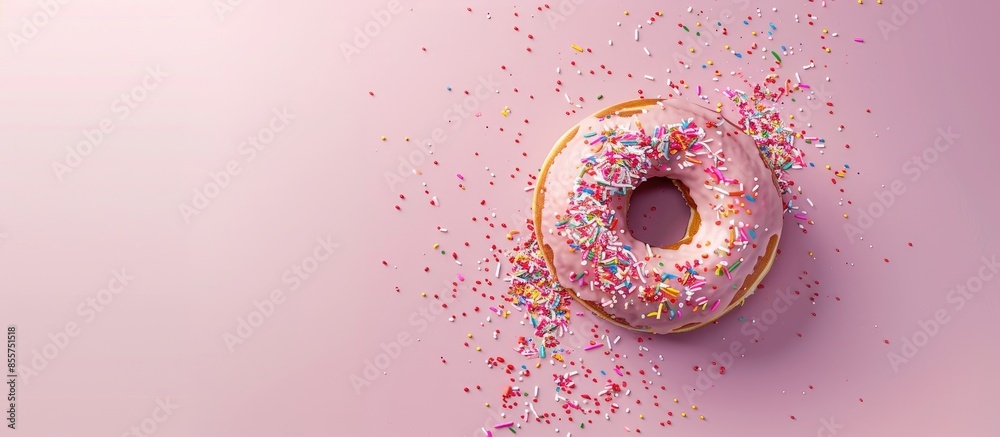 Leinwandbilder donut cake round with colored sprinkles bitten on a pastel background. with copy space image. place 