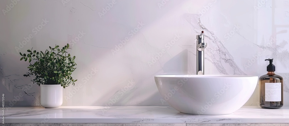 Poster White sink tap and liquid soap in the bathroom. with copy space image. Place for adding text or design