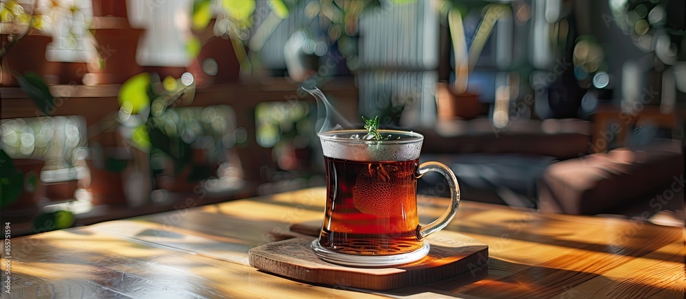 Poster Glass with hot Turkish tea on table in kitchen. with copy space image. Place for adding text or design
