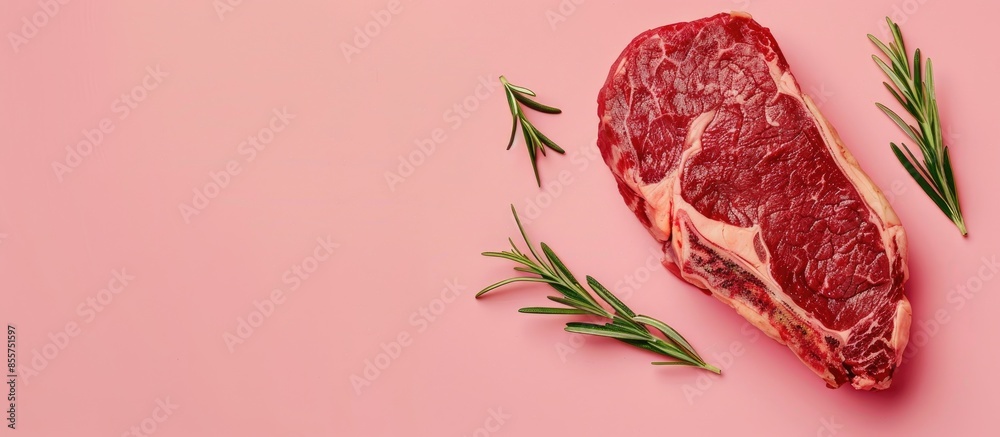 Poster sliced rib eye steak on pastel background food isolated. with copy space image. place for adding tex