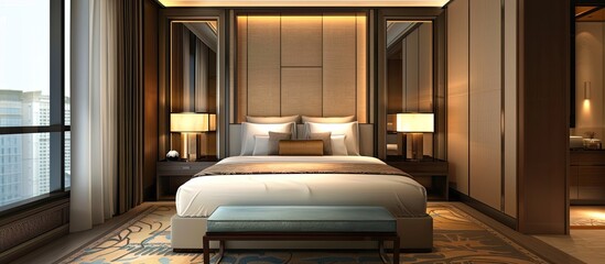 Hotel room interior,double bed beige bedroom. with copy space image. Place for adding text or design