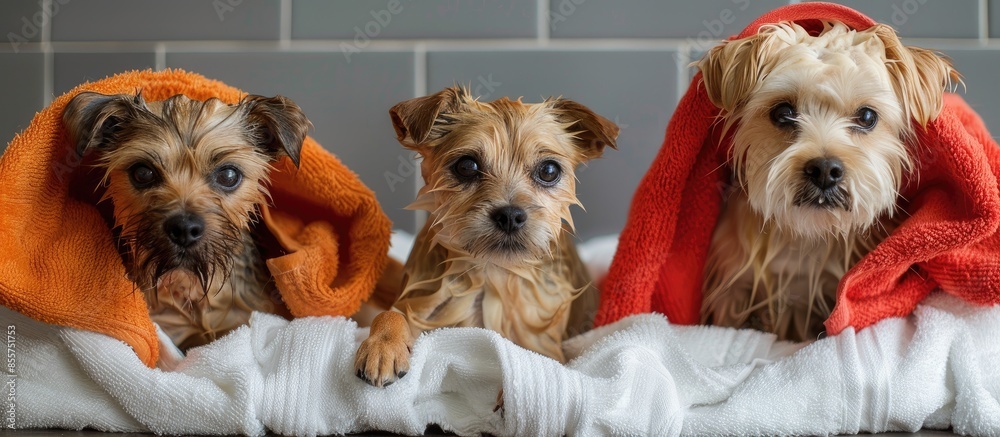 Poster Three dogs in towels after bathing. Copy space image. Place for adding text or design