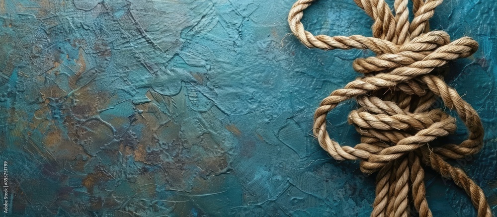 Poster Tied ropes on color background. Unity concept. Copy space image. Place for adding text or design