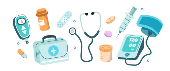 First aid kit, blood pressure monitor, glucometer and other medical equipment to use at home. Healthcare and medicine set. Vector illustration.