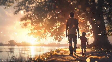 Fototapeta premium A father and child walking together, their bond unbreakable