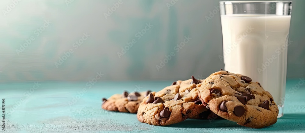 Leinwandbilder group of homemade chocolatechip cookies on the cement table with glass of milk. pastel background. w