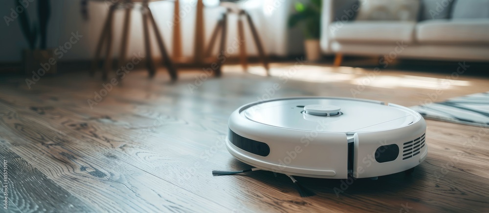 Poster Smart home. Robot vacuum cleaner performs automatic cleaning of the apartment at a certain time. Close up view with selective. Electric, household. with copy space image