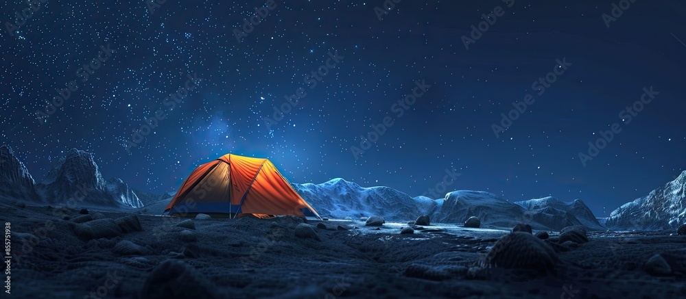 Aufkleber the tent stands on the mountain against the starry sky night summer. copy space image. place for add