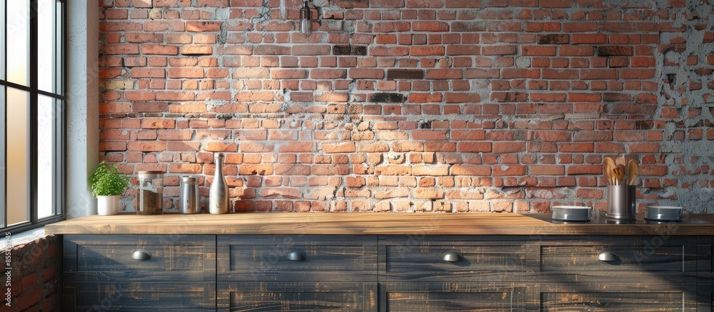 Aufkleber Empty space on the kitchen counter and brick wall. with copy space image. Place for adding text or design