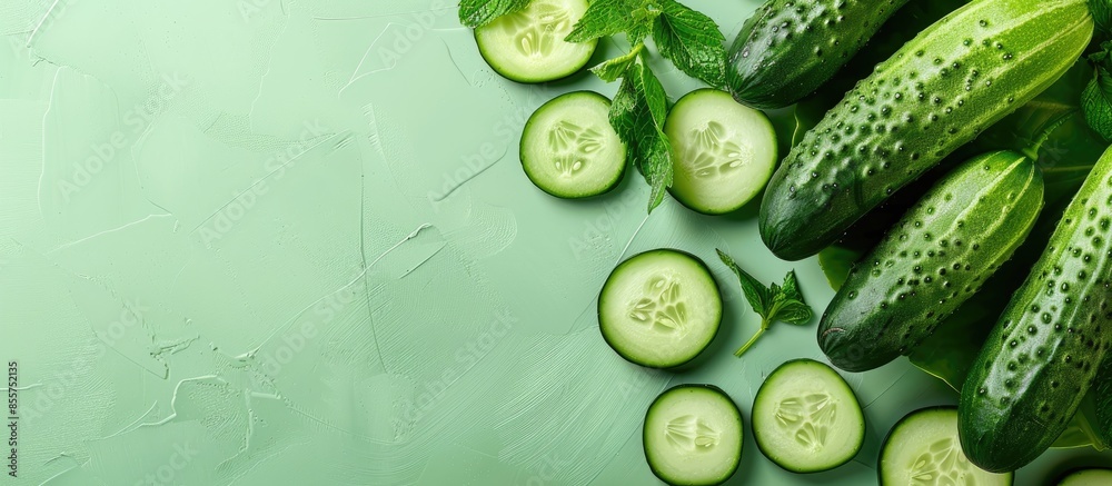 Poster fresh cucumbers, whole and sliced pastel background. with copy space image. place for adding text or