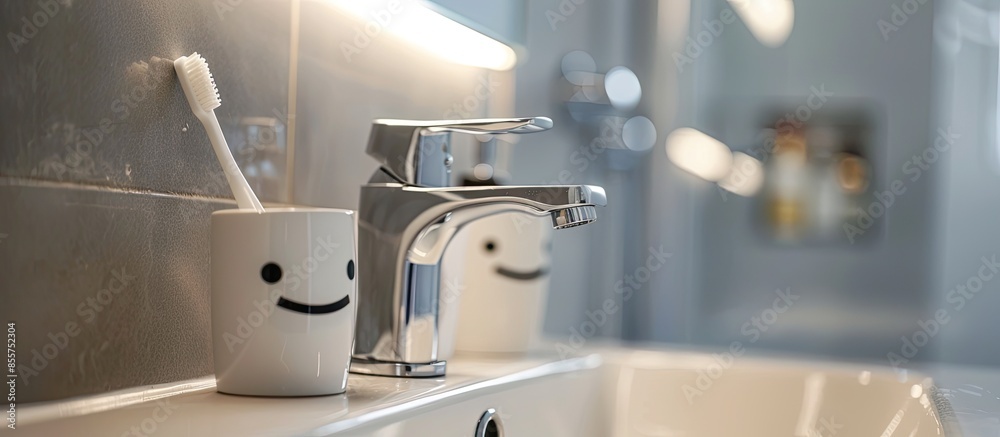 Poster chromed metal faucet for hot and cold water, cup with smile face for toothbrushes in a modern bathro