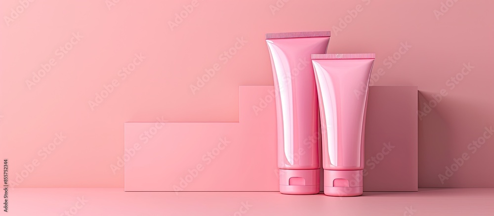 Poster Blank opened and closed pink tube container packaging on pastel background. Include clipping path around tube. . with copy space image. Place for adding text or design