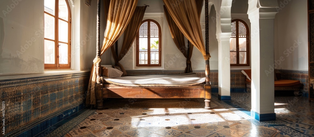 Poster canopy bed in moroccan luxury hotel. with copy space image. place for adding text or design