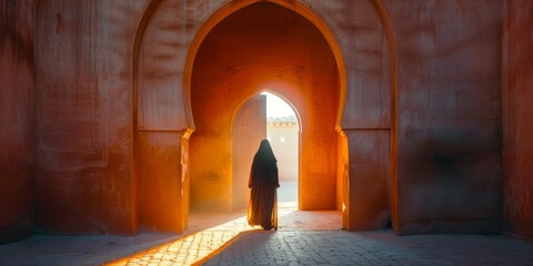 A Muslim woman walking through a door of opportunity