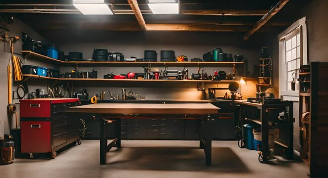 Empty table in craft metal workshop. Garage craft room