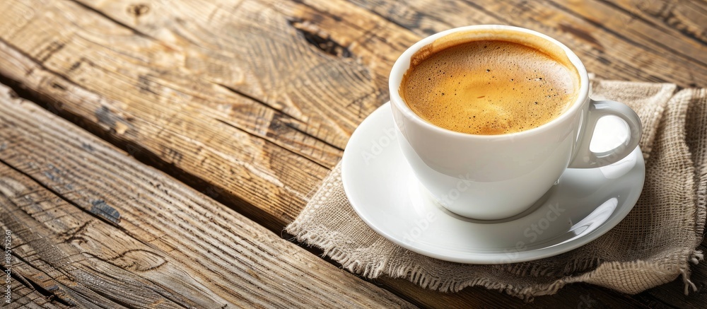 Aufkleber Close-up of a cup of coffee on a wooden table. with copy space image. Place for adding text or design