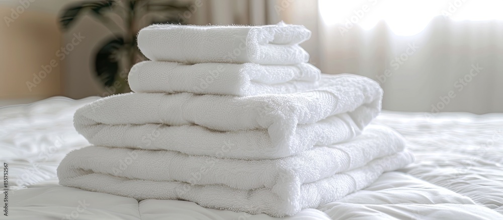 Poster Stack of clean white towels on bed. Copy space image. Place for adding text or design