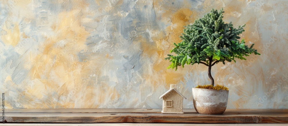 Poster small beautiful house ficus tree. with copy space image. Place for adding text or design