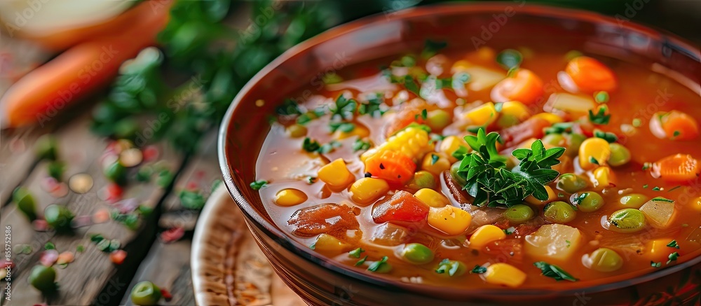 Poster minestrone soup from zucchini and tomato, onion and carrots, corn and peas with parsley, a plate of 