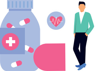 A boy stands holding a pot of pills.