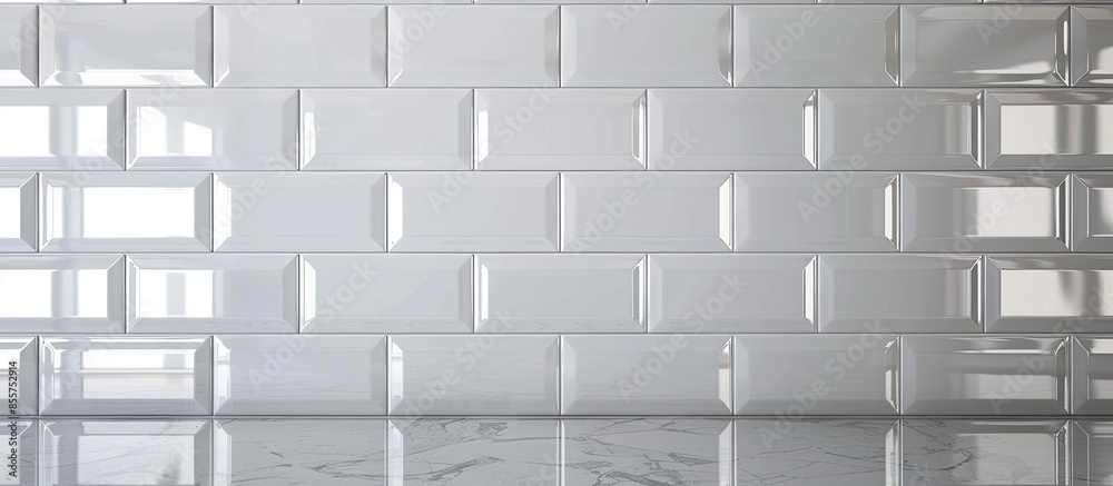 Poster White kitchen with subway tiles. with copy space image. Place for adding text or design
