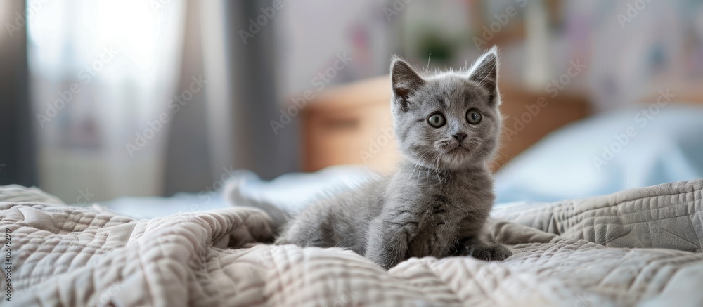 Poster purebred british shorthair blue kitten on bed in expensive interior. with copy space image. place fo
