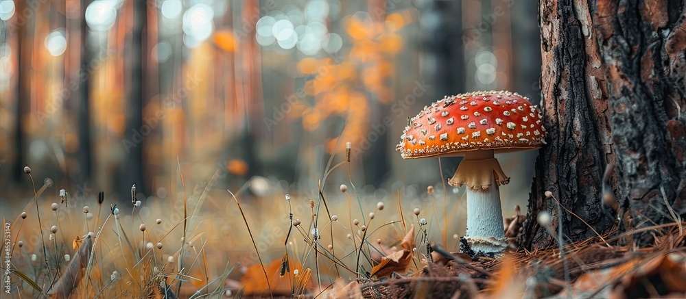 Poster mushroom growing in the forest broadleaf trees pastel background. with copy space image. place for a