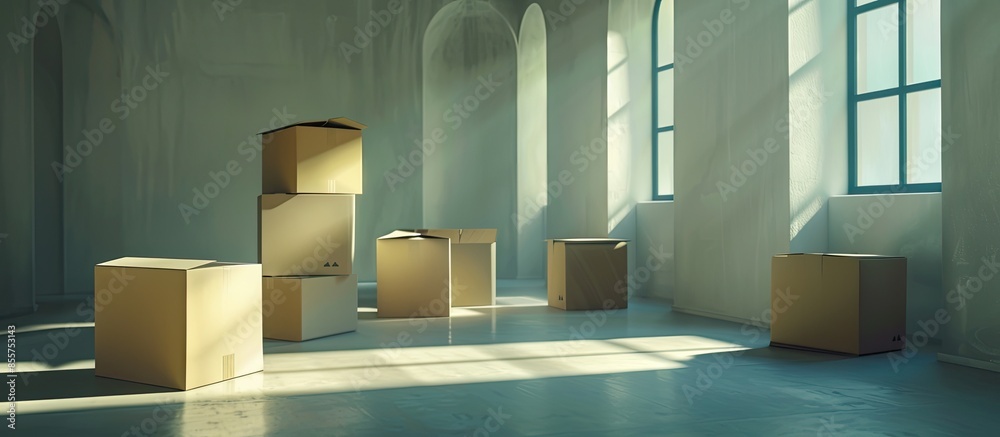 Aufkleber Moving boxes in empty room. with copy space image. Place for adding text or design