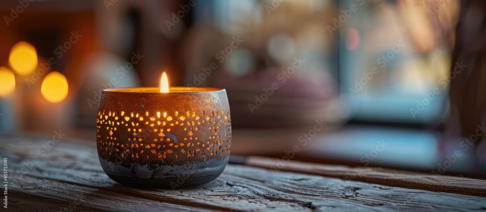 Poster Close-up of a cozy candle inside a metal holder on a wooden table. with copy space image. Place for adding text or design