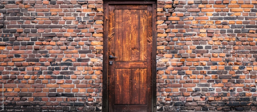 Poster wooden door on brick wall. with copy space image. place for adding text or design