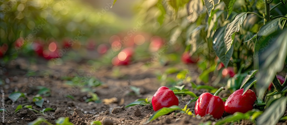 Aufkleber red pepper plants in the pepper farm or field. capia or chili red peppers in the farm. copy space im