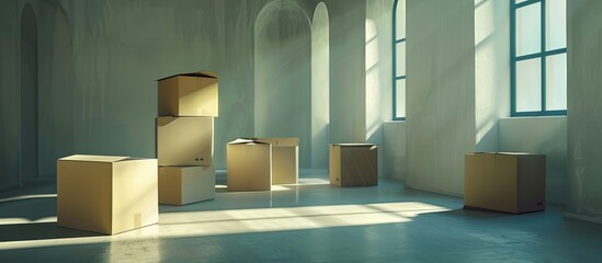 Moving boxes in empty room. with copy space image. Place for adding text or design