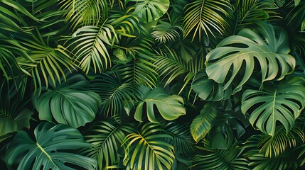 Lush tropical monstera and palm leaves creating a vibrant green jungle foliage background.