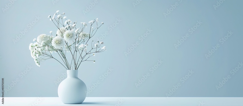 Poster beautiful flower chrysanthemum, gypsophila in a vase on a light background. with copy space image. p