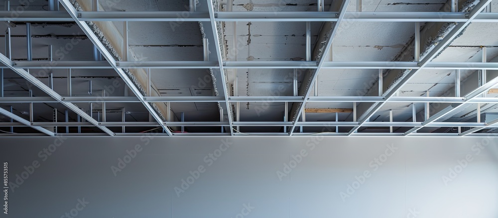 Poster Suspended ceiling from drywall fixed to metal frame with screws. with copy space image. Place for adding text or design
